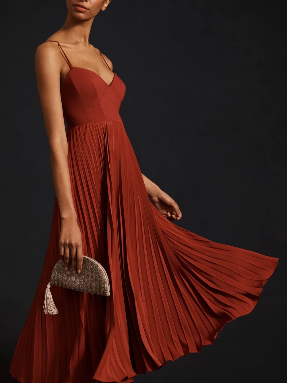 BY ANTHROPOLOGIE Romantic Rust Red Sweetheart Bodice Pleated Midi Dress ~ XS